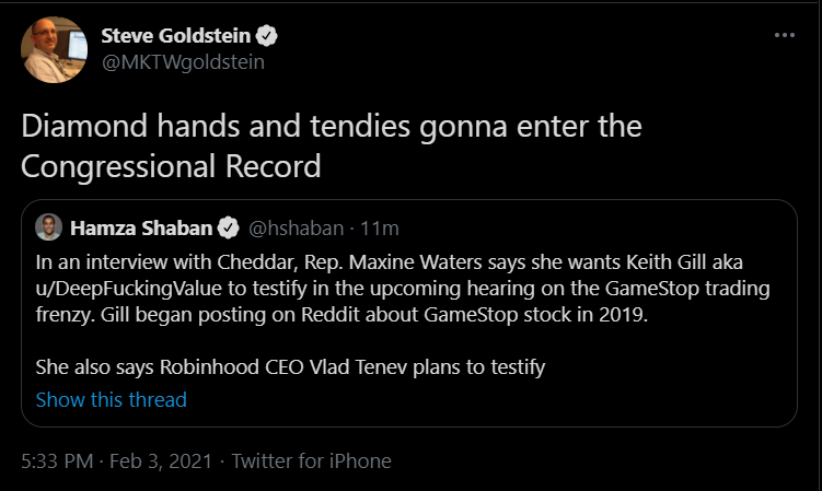 u/DeepFuckingValue is being asked to testify in the upcoming GameStop hearing. “Diamond hands and tendies gonna enter the Congressional Record”