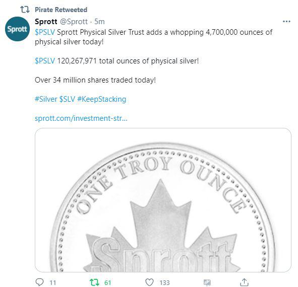 $PSLV Sprott Physical Silver Trust adds a whopping 4,700,000 ounces of physical silver today! $PSLV 120,267,971 total ounces of physical silver! Over 34 million shares traded today!